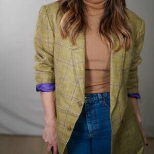 Vintage Paul Stuart Green Plaid Linen-Silk Tailored Blazer Jacket Made in Canada